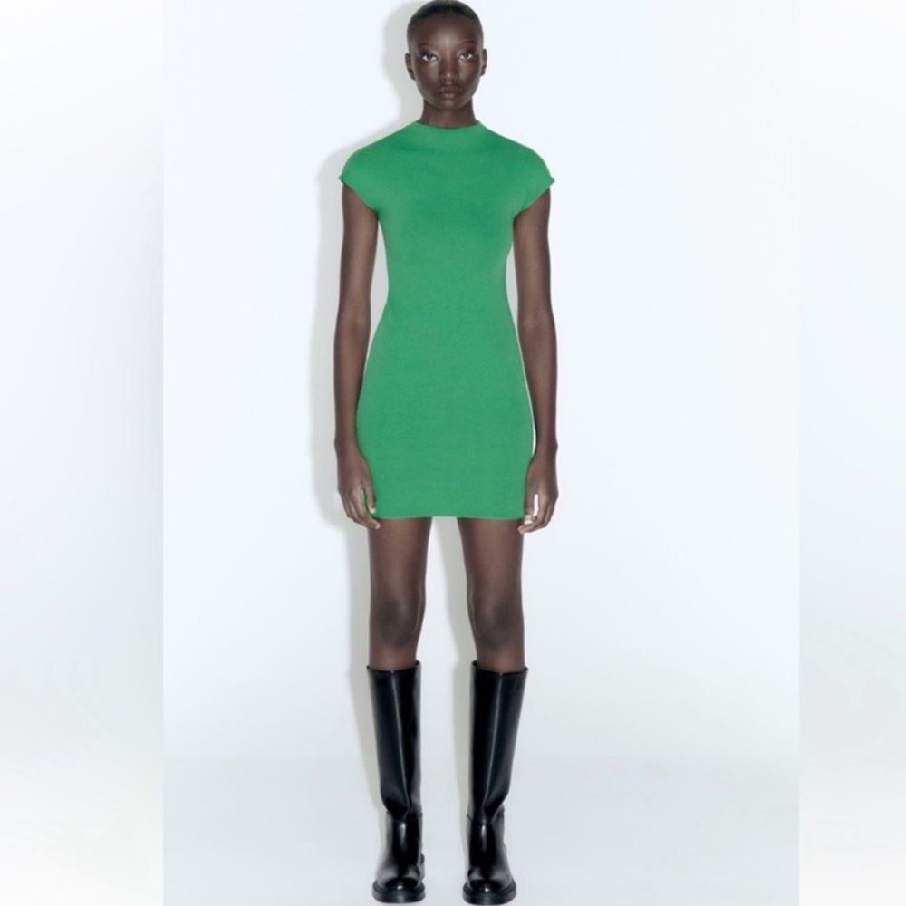 Zara Green Knit Mini Dress Short Sleeve Bodycon - Picture 3 of 8